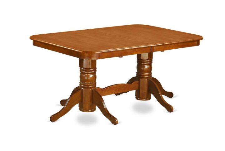 The dining table with built-in self storage butterfly leaf which fits 4 to 8 persons.Dazzling solid wood table top with well-built carved pedestal support. Beveled rectangular shape to make welcoming kicthen space ambiance and finished in rich Saddle Brown
