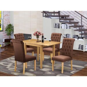 Bring an elegant beauty to your kitchen with our 5 pieces modern dining table set. You will get 4 excellent chairs for dining room and an attractive wood table in this outstanding 5 piece dining set Leading-edge style of these dining room chairs and wood dining table will enhance the elegance of any dining room. Relaxing Chocolate Linen Fabric full back and seat of these parson dining chairs will give great support to your back and a great relaxing experience. The body of these Exclusive kitchen chairs and two 9-inch drop leaves wood dining table is constructed from High-Quality Asian Wood (Rubber Wood) which gives wonderful robustness and stability to these dining chairs and dinner table. Soft and nice foam padded seat and button tufted back of these amazing dining chairs are wrapped in Top Quality Chocolate Linen Fabric