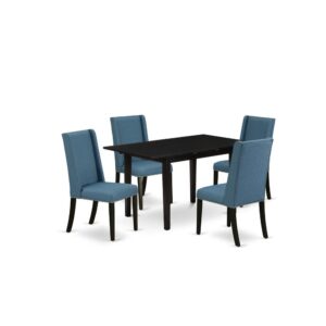 The dining set includes 4 beautiful Padded Parson Chairs and an awesome 4 legs small dining table. The dinette set provides a Black solid wood rectangular table and fantastic parson dining chairs that will enhance the luxury to your dining room. This small table is created from high-quality rubber wood. These upholstered dining chairs have made of high-quality wood that can Durability to 300lbs weight. This wood dining table set is colored with a premium quality Black finish. The modern dinette set is one of the most important pieces of furniture in your house. It not only becomes the place to eat dinners