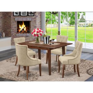 bring this glamorous NOFR5-MAH-05 dinette set includes a small rectangular dining table and four parson chairs. This dinette set is specifically created in a fashionable style with clean aspects that will just set your dining room apart. The center rectangular table is best for 2-4 people to sit and enjoy their meal. The dining table stores an easily accessible extendable leaf to expand the counter Height dining table top space and fold and hide away to conserve precious space. This wooden table provides a strong
