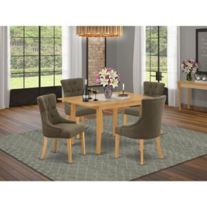 bring this glamorous NOFR5-OAK-20 dinette set includes a small rectangular dining table and four parson chairs. This dinette set is specifically created in a fashionable style with clean aspects that will just set your dining room apart. The center rectangular table is best for 2-4 people to sit and enjoy their meal. The dining table stores an easily accessible extendable leaf to expand the counter Height dining table top space and fold and hide away to conserve precious space. This wooden table provides a strong