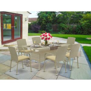 Furnish your patio dining area with this wicker patio set with a Natural finish. This 7 pc OSJU7-03A Outdoor-Furniture set includes an acacia wood top Outdoor-Furniture table and 6 single arm chairs. Constructed from a lightweight steel frame and wrapped with woven resin wicker fiber