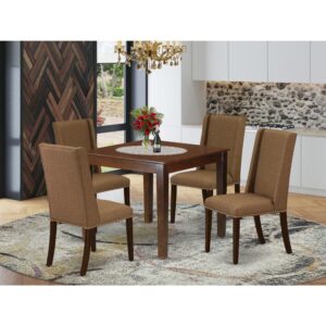 Our dining set includes 4 fantastic upholstered dining chairs and an incredible 4 legs small dining table. The modern kitchen set gives a Mahogany solid wood small dining table and frame and an awesome Brown Beige parsons dining chairs seat and high back that bring magnificence to your living area and enhance the elegance of your amazing dining-room. The high-quality of our fabulous chairs help our attractive customers to get relaxation and feel free when getting their meal. This dinner table built from good quality rubber wood which can bear the weight of 300 Lbs. Our parson's chairs have a wooden frame with a high-class seat of superior quality foam which is covered with Linen Fabric that delivers you relaxation with friends or family. This listing has a premium color of Mahogany finish for a small table and Brown Beige finish of the parson's chairs. Our fabulous premium colors enhance the elegance of your dining area and offer a wonderful appear to your living area or dining area. East West furniture usually constructed from modern furniture along with easy assembling parts. We try to keep our furniture parts innovative as well as simple. Our high-class dinette set is ideal for your eye-catching living area as well as the kitchen. You can use it for casual home parties. Keep enjoying East West modern furniture!