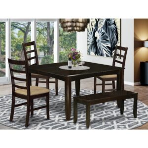 This excellent dining room set offers a more traditional look along with small kitchen table and kitchen chairs which are right in your house in both a functioning kitchen area or specialised dining area. The Dark Cappuccino color are going to enhance pretty much any home furnishings and offer a distinct component towards the dining area or an efficient captivation of design cohesion. The kitchen dinette table and dining room chairs have a clean and effortless finish with beveled aspects and matching Cappuccino color. The slick kitchen dining chairs have a nice satisfying and comfortable feel that is necessary for the long periods of seated discussions at this valuable dining room tables. The dining table is placed on four reliable corner legs for sufficient legroom and also seating breathing space.