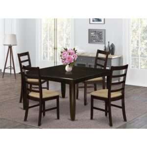 This versatile dinette table set may be used in the dining-room or in the kitchen area. It is manufactured purely from solid Asian hardwood featuring polished Cappuccino-colored table tops with beveled edges and trendy Black frames and legs. The set contains a square table and four high-back chairs all produced to the same superior quality.