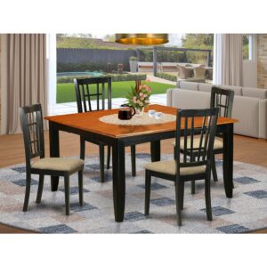 This versatile dinette table set may be used in the dining-room or in the kitchen area. It is manufactured purely from solid Asian hardwood featuring polished cherry-colored table tops with beveled edges and trendy Black frames and legs. The set contains a square table and four high-back chairs all produced to the same superior quality.