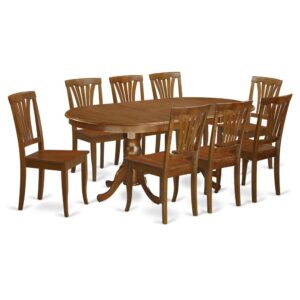 classy dual pedestal base really adds a touch of craftsmanship as well as a higher level of structure and support to this pleasant dinette set. The memorable design on this table and chairs set is enhanced by a beveled sharp edge table top with low gloss finish. The medium height solid wood dining room chairs give comfort in addition to strength. The smoothly curved back of the dinette chairs are softly tapered towards the chair legs.