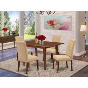 bring this superb PSBR5-MAH-04 dinette set that blends well with number of various attractive themes. The smooth mahogany color of the rectangular kitchen table subtly demonstrates light to brighten up the living area. The extendable leaf can be easily expanded making dining space for personal occasions or great parties. Made up of rubber wood