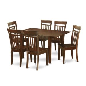 which make it efficient and eco-friendly. Well constructed in 100% Asian real wood no veneer or particle board in any way. Rectangle-shaped dinette with 12in butterfly leaf that should be conveniently folded away underneath dining table top. Smoothly arced dining chairs back features graceful carving while presenting enough reinforce. Finished in Mahogany color together with either wood