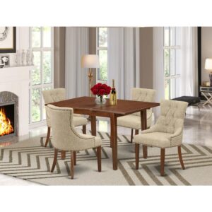 bring this superb PSFR5-MAH-05 dinette set that blends well with number of various attractive themes. The smooth mahogany color of the rectangular kitchen table subtly demonstrates light to brighten up the living area. The extendable leaf can be easily expanded making dining space for personal occasions or great parties. Made up of rubber wood