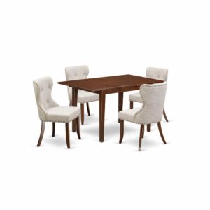 East West Furniture PSSI5-MAH-35 of four-piece kitchen dining chairs with Linen Fabric Doeskin color and a gorgeous wood kitchen table with Mahogany color.