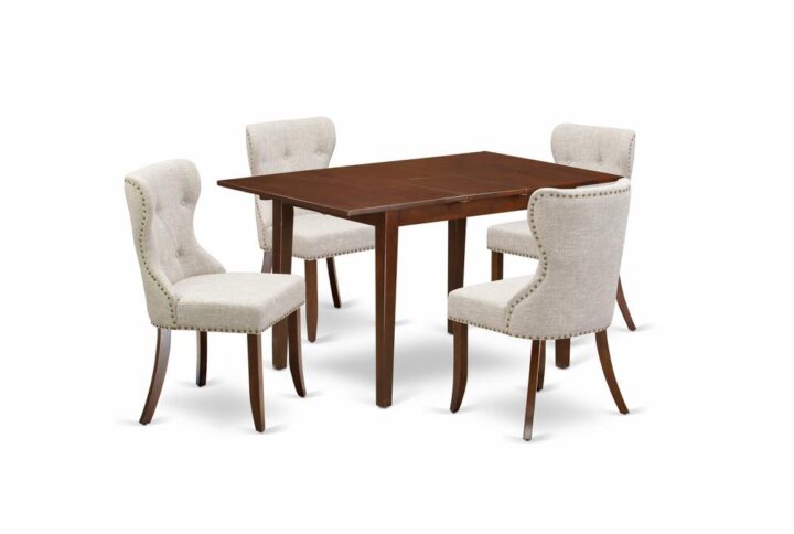 East West Furniture PSSI5-MAH-35 of four-piece kitchen dining chairs with Linen Fabric Doeskin color and a gorgeous wood kitchen table with Mahogany color.