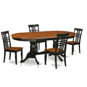 fashionable double pedestal base brings you a little craftsmanship as well as a great deal of structure and support for this pleasant dining room set. The vintage design of this dinette set is boosted by the beveled sharp edge table top with low shine finish. The medium height wood kitchen chairs offers satisfaction combined with stability. The lightly curved back of the dinette chairs are softly tapered towards the chair legs.This specific 5 Piece kitchen table set with one table and 4 dining chairs. High-quality kitchen dining set that made 100% Asian Hardwood. Completely no MDF
