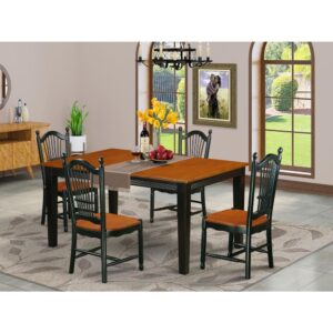 each piece is finished in a dual Black & Cherry color for a rich look with timeless appeal.  The table is a two tone rectangular kitchen table with a cherry colored top and black legs. Two tone dining chairs with a black color frame and wood grain finish on brown trim pieces. Each dining chair features an incredibly smooth solid wood seat