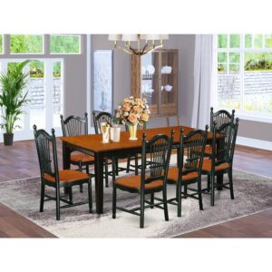 each piece is finished in a dual Black & Cherry color for a rich look with timeless appeal.  The table is a two tone rectangular kitchen table with a cherry colored top and black legs. Two tone dining chairs with a black color frame and wood grain finish on brown trim pieces. Each dining chair features an incredibly smooth solid wood seat