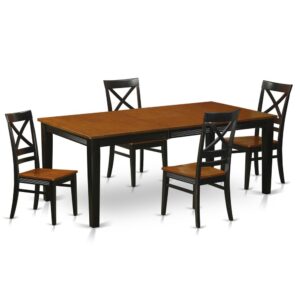 X-back style on upper chair backs and lower horizontal bar. Two tone dining chair with Black frame and wood grain finish on brown trim pieces and brown wood seat. Grooved design on recessed side panels of dining Table and dining room chairs. dining chairs seats gently sculpted for convenience with horizontal side rungs for added support.