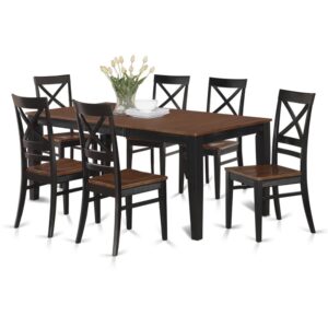 crisscross design on upper chair backs and lower horizontal bar. Two tone kitchen chair with Black frame and wood grain finish on brown trim pieces and brown wood seat. Grooved design on recessed side panels of small Table and dining room chairs. dinette chair seats softly carved for comfort with horizontal side rungs for additional support.