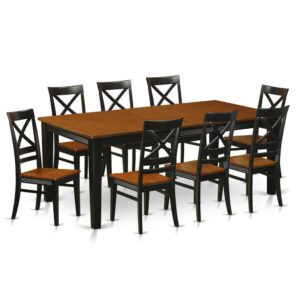 crisscross design on upper chair backs and lower horizontal bar. Two tone dining chair with Black frame and wood grain finish on brown trim pieces and brown solid wood seat. Grooved pattern on recessed side panels of small Table and dining chairs. dining room chair seats softly sculpted for coziness with horizontal side rungs for added support.