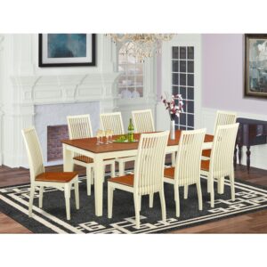 each piece is finished in a dual Buttermilk & Cherry color for a rich look with timeless appeal.  The table is a two tone rectangular kitchen table with a cherry colored top and white legs. Two tone dining chair with a buttermilk color frame and wood grain finish on brown trim pieces. Each dining chair features an incredibly smooth solid wood seat