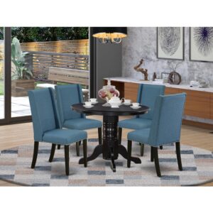 Our dining room set includes 4 incredible parson chairs and an awesome Pedestal legs wood table. The modern dinette set delivers a Black solid wood modern dining table and body and a wonderful Mineral Blue parson dining room chairs seat and high back that bring elegance to your dining area and improve the charm of your wonderful dining room. The premium quality of our stunning chairs helps our attractive customers to get relaxation and feel free when getting their meal. This round table crafted from superior quality rubber wood which can bear the weight of 300 Lbs. Our Padded Parson Chairs have a wooden frame with a luxury seat of prime quality foam which is covered with Linen Fabric that provides you relaxation with friends or family. This listing has a premium color of Black finish for kitchen dining table and Mineral Blue finish of parson dining room chairs. Our lovely premium colors boost the beauty of your dining room and offer a high-class look to your living area or dining area. East West Furniture usually constructed from modern furniture along with easy assembling parts. We try to keep our furniture parts modern as well as simple. Our high-class round dining table set is ideal for your wonderful living area as well as the kitchen. You can use it for casual home parties. Keep enjoying East West modern furniture!