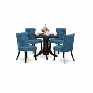 East West Furniture SHSI5-BLK-21 of 4-piece kitchen chairs with Linen Fabric Mineral Blue color and a beautiful 42-Inch Round dining room table with Black color