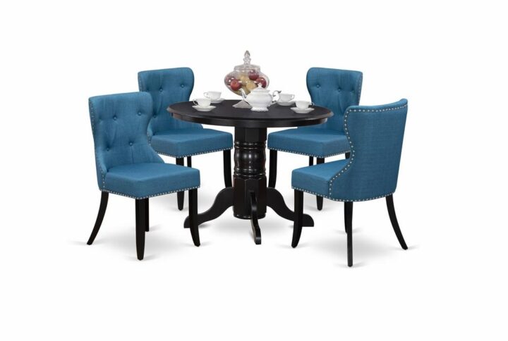 East West Furniture SHSI5-BLK-21 of 4-piece kitchen chairs with Linen Fabric Mineral Blue color and a beautiful 42-Inch Round dining room table with Black color