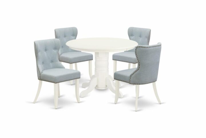 East West Furniture SHSI5-WHI-15 of 4-piece parson chairs with Linen Fabric Baby Blue color and an eye-catching dinner table with Linen White color
