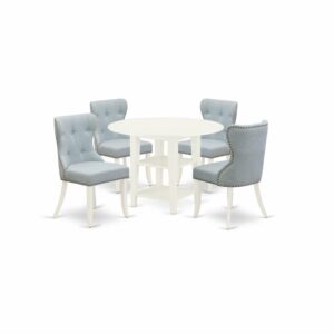 East West Furniture SUSI5-LWH-15 of 4-piece parson chairs with Linen Fabric Baby Blue color and a delightful two-shelf round wooden dining table with Linen White color