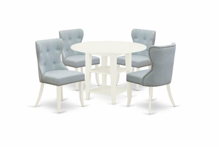 East West Furniture SUSI5-LWH-15 of 4-piece parson chairs with Linen Fabric Baby Blue color and a delightful two-shelf round wooden dining table with Linen White color