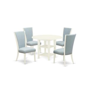 East West Furniture SUVE5-LWH-15 of 4 pieces of dining room chairs with Linen Fabric Baby Blue color and a gorgeous two-side drop leaf and two shelves round dining table with Linen White color