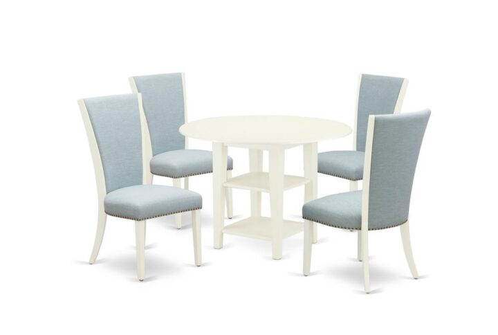 East West Furniture SUVE5-LWH-15 of 4 pieces of dining room chairs with Linen Fabric Baby Blue color and a gorgeous two-side drop leaf and two shelves round dining table with Linen White color