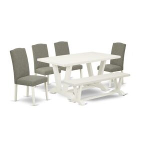 EAST WEST FURNITURE 6-PC DINING ROOM TABLE SET WITH 4 PADDED PARSON CHAIRS - DINING BENCH AND RECTANGULAR DINING TABLE