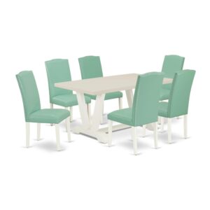 Our Modern Dining Set  Adds A Touch Of Elegance To Any Dining Room That You And Your Family Will Absolutely Enjoy. The Elegant Dinner Table Set  Consists Of A Modern Kitchen Table And 6 Upholstered Chairs. This Rectangular Dining Table Top Is Offered In A Linen White Finish. In Addition