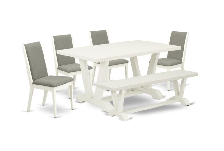 EAST WEST FURNITURE 6-PIECE KITCHEN TABLE SET WITH 4 PADDED PARSON CHAIRS - INDOOR BENCH AND RECTANGULAR DINING TABLE