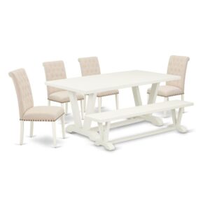 EAST WEST FURNITURE 6-PC MODERN DINING TABLE SET WITH 4 DINING CHAIRS - MID CENTURY MODERN BENCH AND RECTANGULAR DINING TABLE