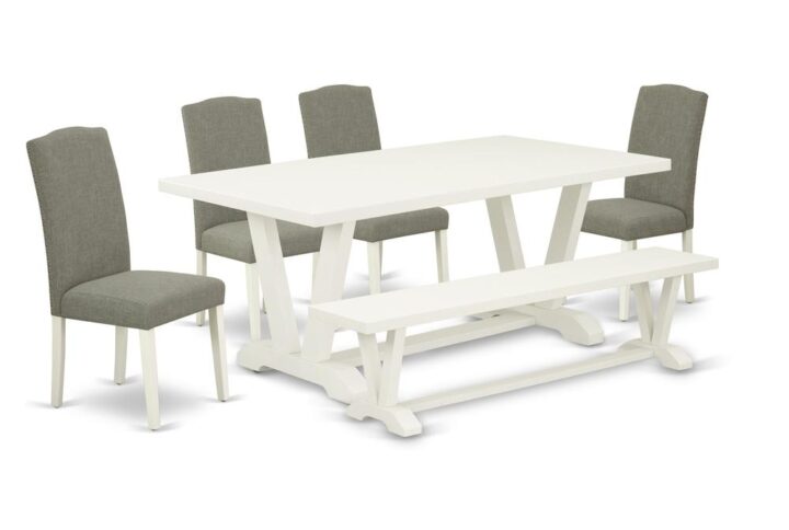 EAST WEST FURNITURE 6-PIECE DINETTE SET WITH 4 KITCHEN PARSON CHAIRS - DINING ROOM BENCH AND rectangular TABLE