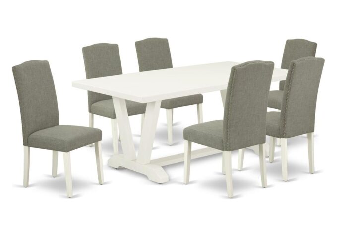EAST WEST FURNITURE 7-PIECE DINING SET 6 BEAUTIFUL PARSON CHAIRS AND RECTANGULAR DINING TABLEOur kitchen set includes 6 incredible Kitchen Parson Chairs and a great pedestal legs living room table. The modern dining room table set delivers a Linen White hardwood small rectangular table and body and an awesome Dark Shitake Padded Parson Chairs seat and high back that bring elegance to your dining-room and increase the charm of your fantastic dining area. The premium quality of our amazing chairs helps our lovely customers to get relaxation and feel free when getting their meal. This rectangular dinner table created from high-quality rubber wood which can bear the weight of 300 Lbs. Our 6 parson chairs have a wooden structure with a luxury seat of high-quality foam which is covered with Linen Fabric that delivers you relax with family or friends. This listing has a premium color of Linen White finish for a modern dining table and Dark Shitake finish of parson dining room chairs. Our lovely premium colors increase the beauty of your dining-room and offer a magnificent look to your dining room or dining area. East West furniture always created from modern furniture along with easy assembling parts. We try to keep our furniture parts modern as well as simple. Our high class kitchen table set is best for your amazing living area as well as the kitchen. You can use it for casual home parties. Keep enjoying East West modern furniture!