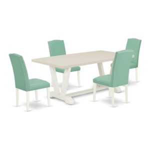 Our Dinette Set  Adds A Touch Of Elegance To Any Dining Room That You And Your Family Will Absolutely Enjoy. The Elegant Dining Table Set  Consists Of A Modern Table And 4 Upholstered Chairs. This Rectangular Dining Table Top Is Fired In A Linen White (F White) Finish. In Addition