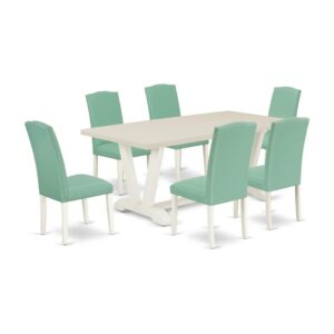 Our Dinette Set  Adds A Touch Of Elegance To Any Dining Room That You And Your Family Will Absolutely Enjoy. The Elegant Dining Table Set  Consists Of A Modern Table And 6 Upholstered Chairs. This Rectangular Dining Table Top Is Offered In A Linen White Finish. In Addition