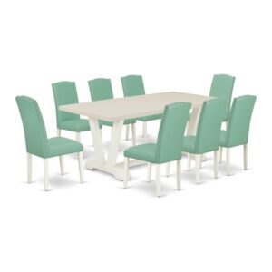 Our Modern Dining Table Set  Adds A Touch Of Elegance To Any Dining Room That You And Your Family Will Absolutely Enjoy. The Elegant Dinette Set  Includes A Modern Kitchen Table And 8 Parson Chairs. This Rectangular Wooden Dining Table Top Is Offered In A Linen White Finish. In Addition
