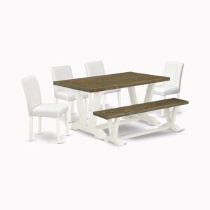 EAST WEST FURNITURE 6-PC DINING ROOM TABLE SET WITH 4 PADDED PARSON CHAIRS - WOOD BENCH AND rectangular TABLE