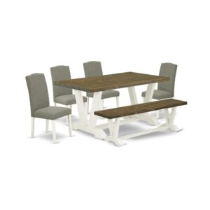 EAST WEST FURNITURE 6-PIECE KITCHEN TABLE SET WITH 4 MODERN DINING CHAIRS - WOODEN BENCH AND RECTANGULAR DINING ROOM TABLE