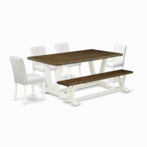 EAST WEST FURNITURE 6-PC RECTANGULAR DINING ROOM TABLE SET WITH 4 MODERN DINING CHAIRS - SMALL BENCH AND KITCHEN RECTANGULAR TABLE