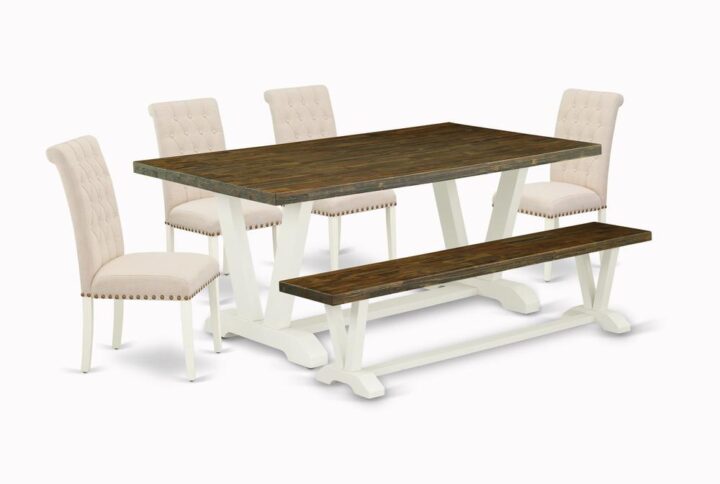 EAST WEST FURNITURE 6-PIECE DINING ROOM SET WITH 4 KITCHEN PARSON CHAIRS - WOOD BENCH AND RECTANGULAR WOOD DINING TABLE