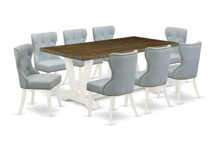 EAST WEST FURNITURE 9-PIECE MODERN DINING SET- 8 FABULOUS PADDED PARSON CHAIR AND 1 WOOD DINING TABLE