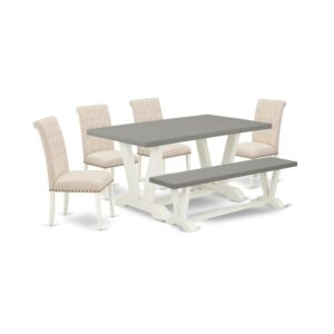 EAST WEST FURNITURE 6-PIECE RECTANGULAR DINING ROOM TABLE SET WITH 4 UPHOLSTERED DINING CHAIRS - WOODEN BENCH AND RECTANGULAR DINING TABLE