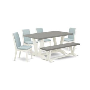 EAST WEST FURNITURE 6-PIECE RECTANGULAR DINING ROOM TABLE SET WITH 4 PADDED PARSON CHAIRS - SMALL BENCH AND KITCHEN RECTANGULAR TABLE