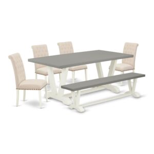 EAST WEST FURNITURE 6-PIECE DINING ROOM TABLE SET WITH 4 PARSON DINING ROOM CHAIRS - MID CENTURY MODERN BENCH AND RECTANGULAR DINING TABLE