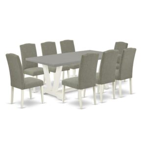 EAST WEST FURNITURE 9-PIECE DINING SET WITH 8 PADDED PARSON CHAIRS AND RECTANGULAR DINING TABLE
