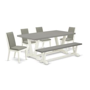 EAST WEST FURNITURE 6-PIECE DINING ROOM TABLE SET WITH 4 UPHOLSTERED DINING CHAIRS - KITCHEN BENCH AND RECTANGULAR WOOD TABLE